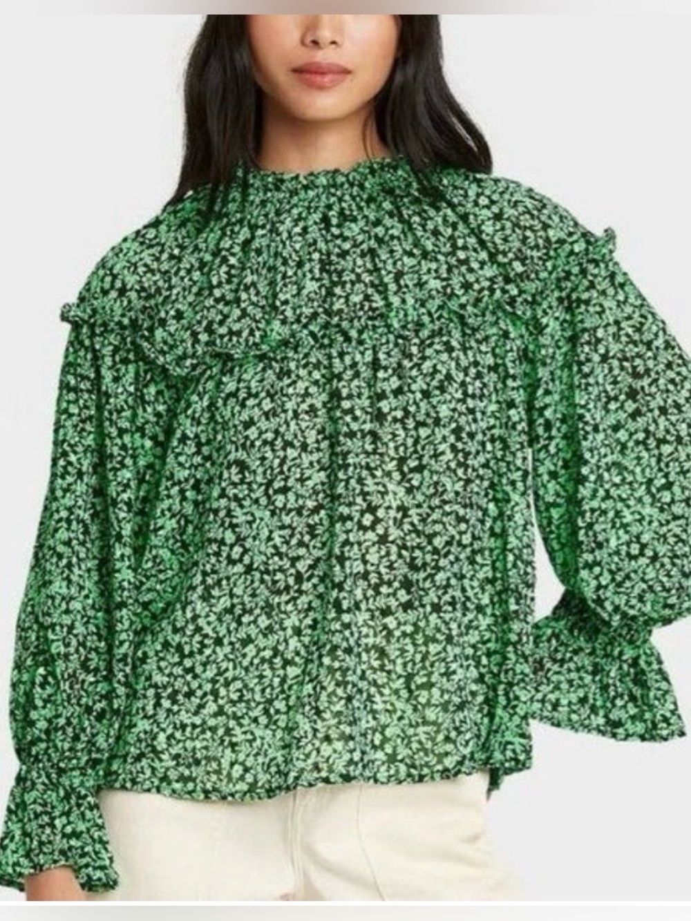 Who what wear Green Floral Smocked Ruffle Blouse small